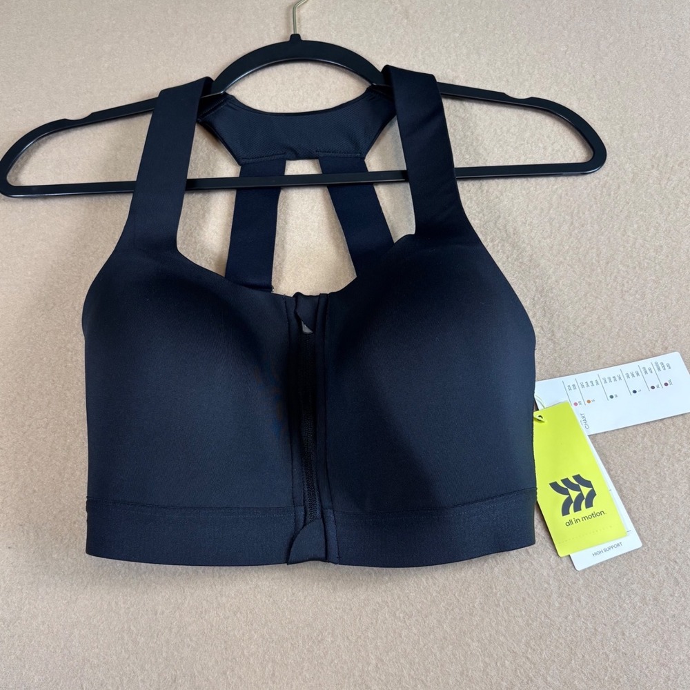 All in Motion Women Black High Support Front Zip Sports Bra 34D PR430M NWT